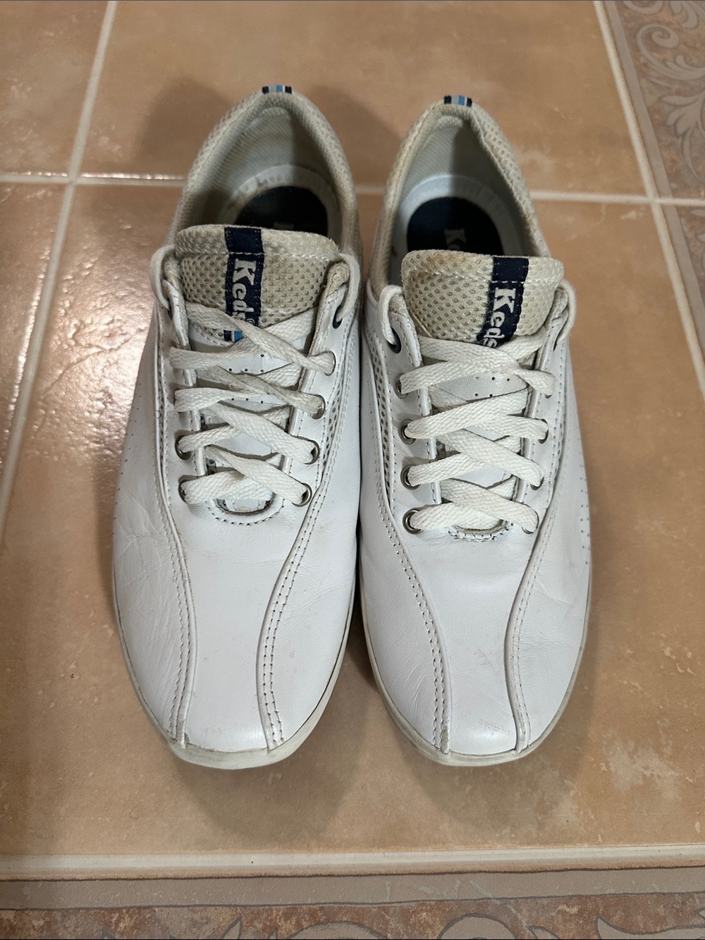 Keds Men’s White Leather Low-Top Sneakers with Navy Tongue Tabs